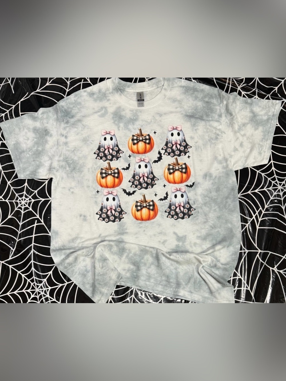 Hand dyed gray Halloween Ghost & Pumpkin Shirt Large